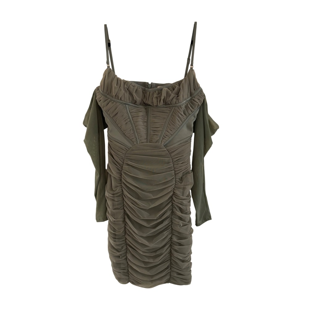 House of CB Sage Green Ruched Mesh Corset Mini Dress Off Shoulder Long Sleeve L